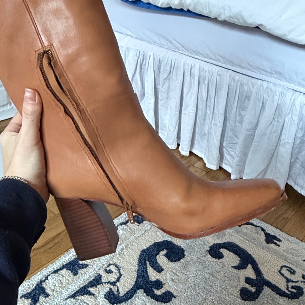 PAIGE Keely Tan Leather‎ Knee-High Block Heel Boots - Picture 6 of 9